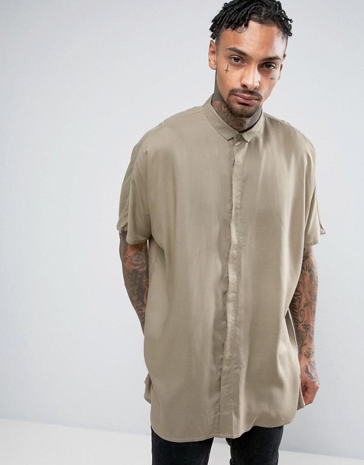 Asos Oversized Viscose Shirt With Drop Shoulder In Khaki - Green