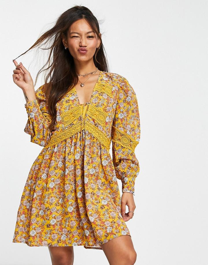 Asos Design Lace Insert Mini Smock Dress In Floral Print-multi