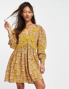 Asos Design Lace Insert Mini Smock Dress In Floral Print-multi