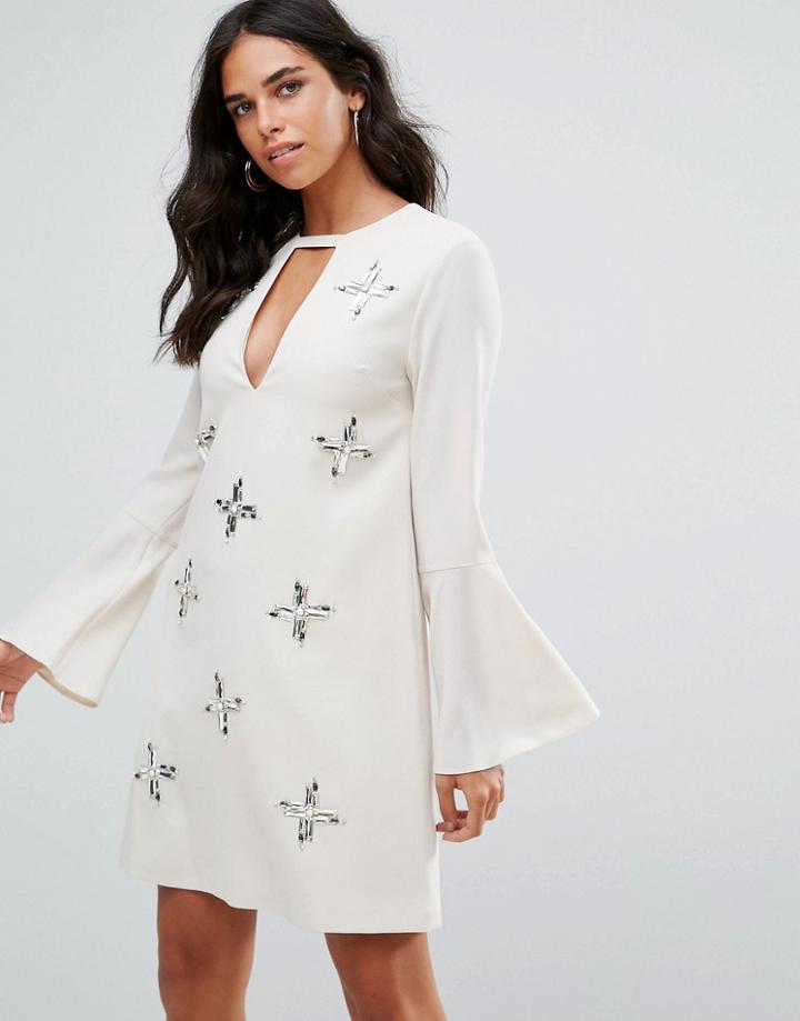 Forever Unique Keyhole Front Embelished Fluted Sleeve Mini Dress - Pink