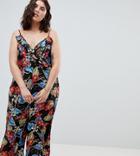 Influence Plus Tropical Print Wide Leg Jumpsuit - Black