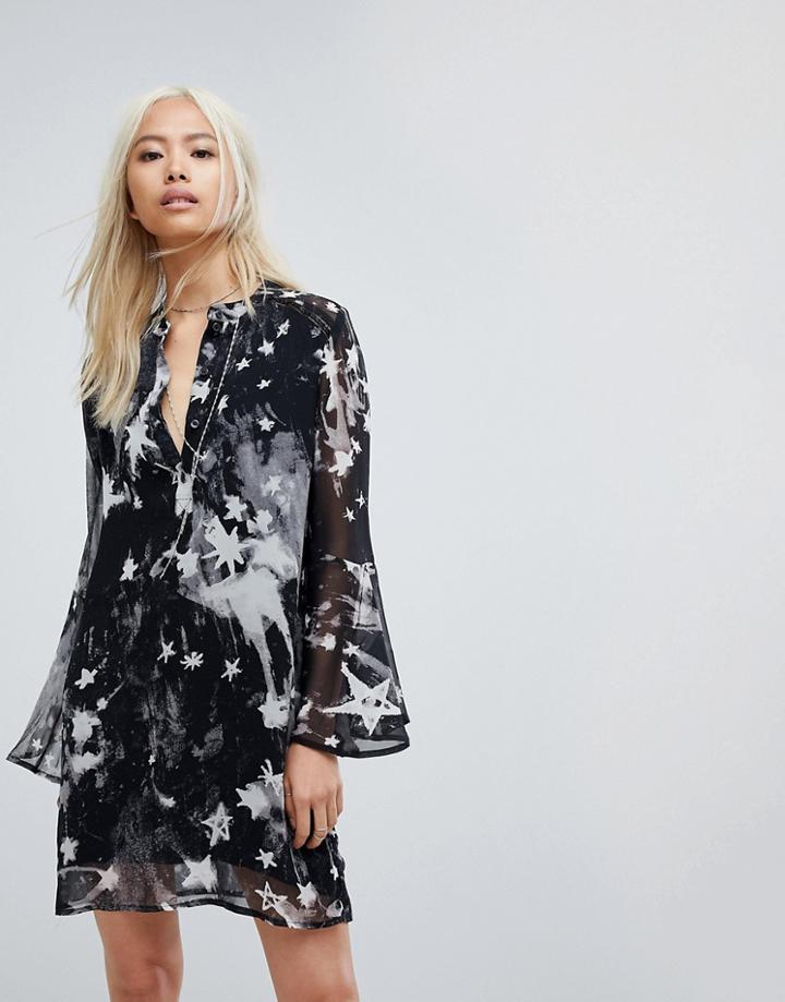 Religion Star Print Shirt Dress With Embellished Details - Silver