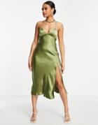 Parallel Lines Satin Cut-out Back Midi Dress In Khaki-green