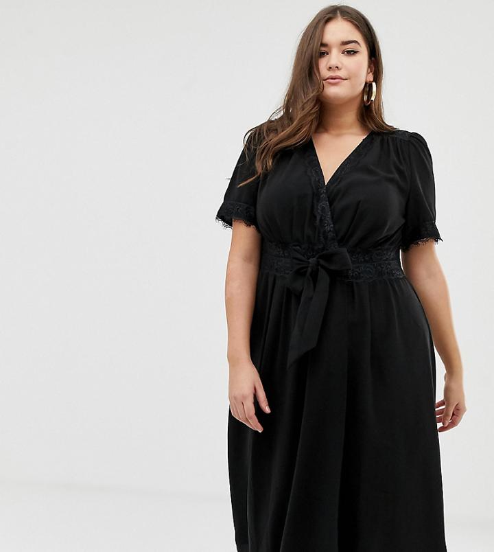 Fashion Union Plus Midi Wrap Dress With Tie Waist - Black