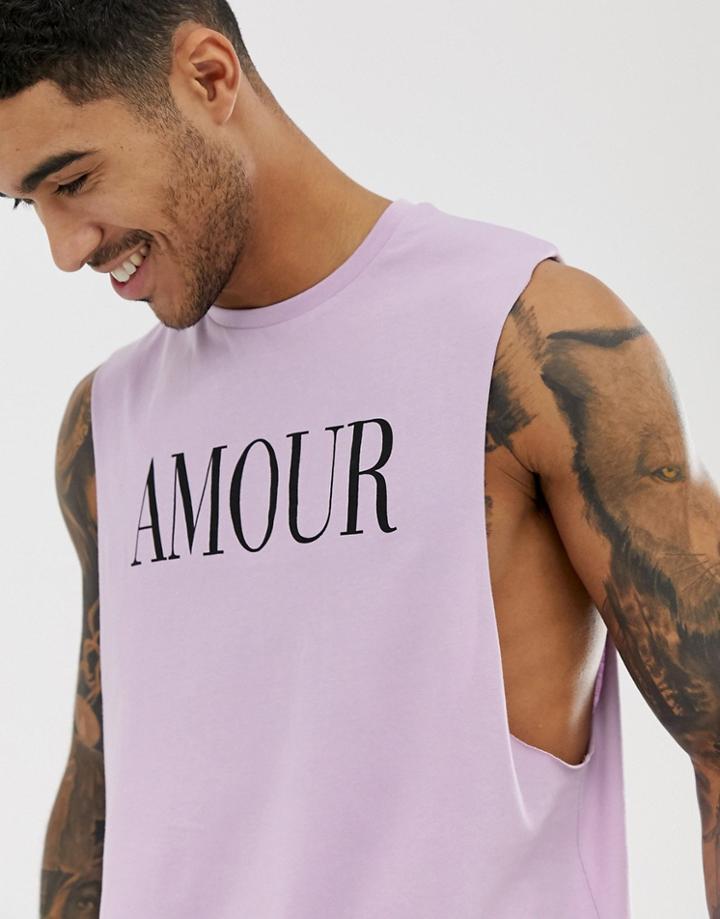 Asos Design Relaxed Fit Tank With Dropped Armhole And Amour Print On Chest - Purple