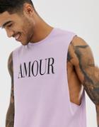 Asos Design Relaxed Fit Tank With Dropped Armhole And Amour Print On Chest - Purple