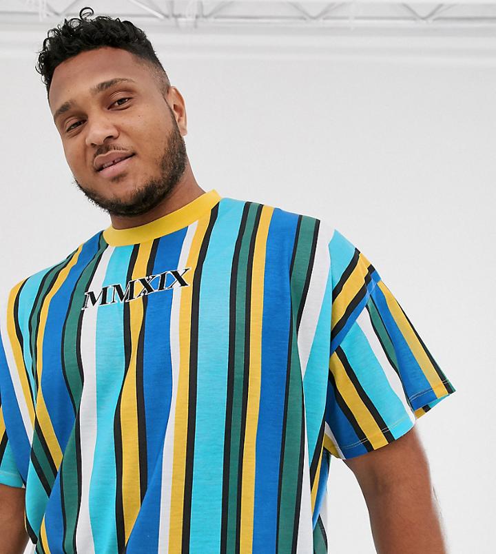 Asos Design Plus Oversized Vertical Stripe T-shirt With Roman Numeral Embroidery