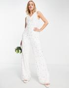 Maya Bridal Embellished Cross Back Jumpsuit In Ivory-white