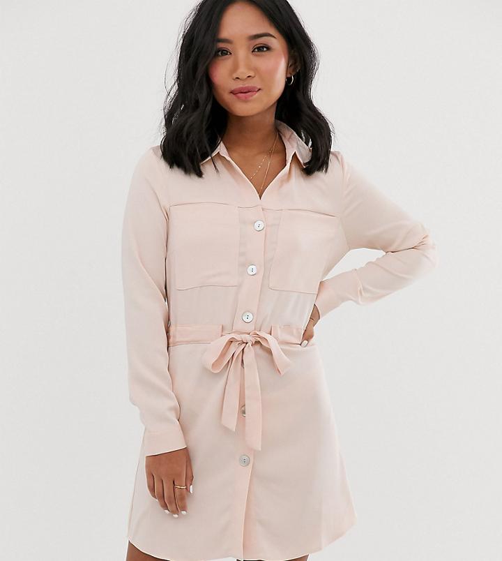 Miss Selfridge Petite Shirt Dress With Tie Waist In Light Pink