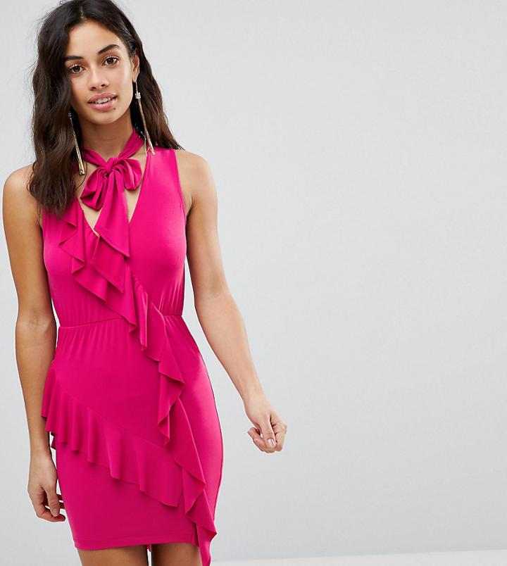 Asos Petite Ruffle Mini Dress With Bow Neck - Pink