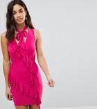 Asos Petite Ruffle Mini Dress With Bow Neck - Pink