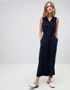 Warehouse Tailored Button Front Jumpsuit In Navy - Navy