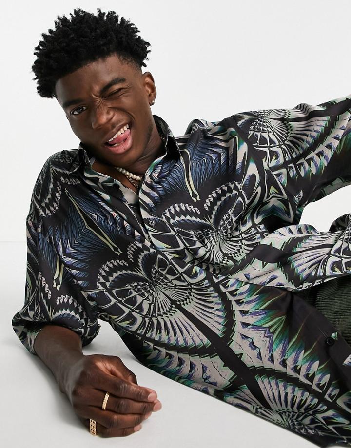 Asos Design Boxy Oversized Satin Shirt In All Over Dreamland Print-black