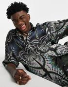 Asos Design Boxy Oversized Satin Shirt In All Over Dreamland Print-black