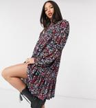 Asos Design Tall Mini Smock Dress With Pep Hem And Tie Neck Detail In Black Pink And Blue Floral