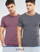 Asos 2 Pack Muscle Fit T-shirt In Washed Black Marl/red Marl With Crew