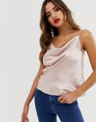 Asos Design Cowl Neck Cami In High Shine Satin-pink