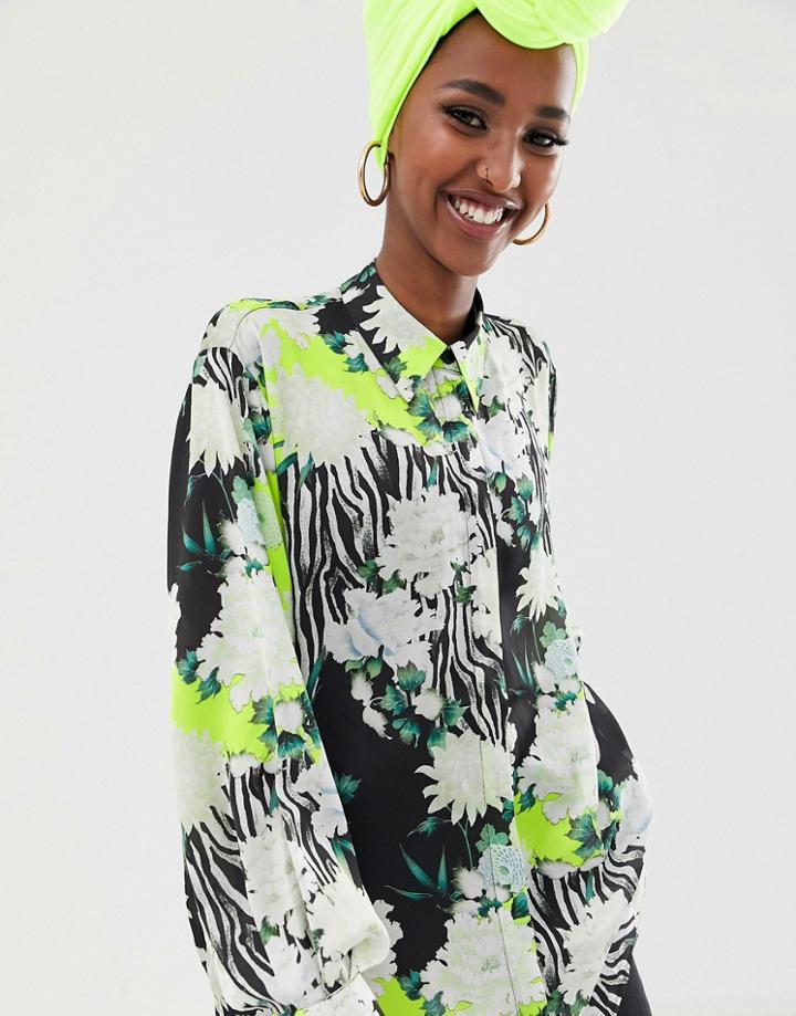 Asos Design Oversized Satin Long Sleeve Shirt In Scarf Print