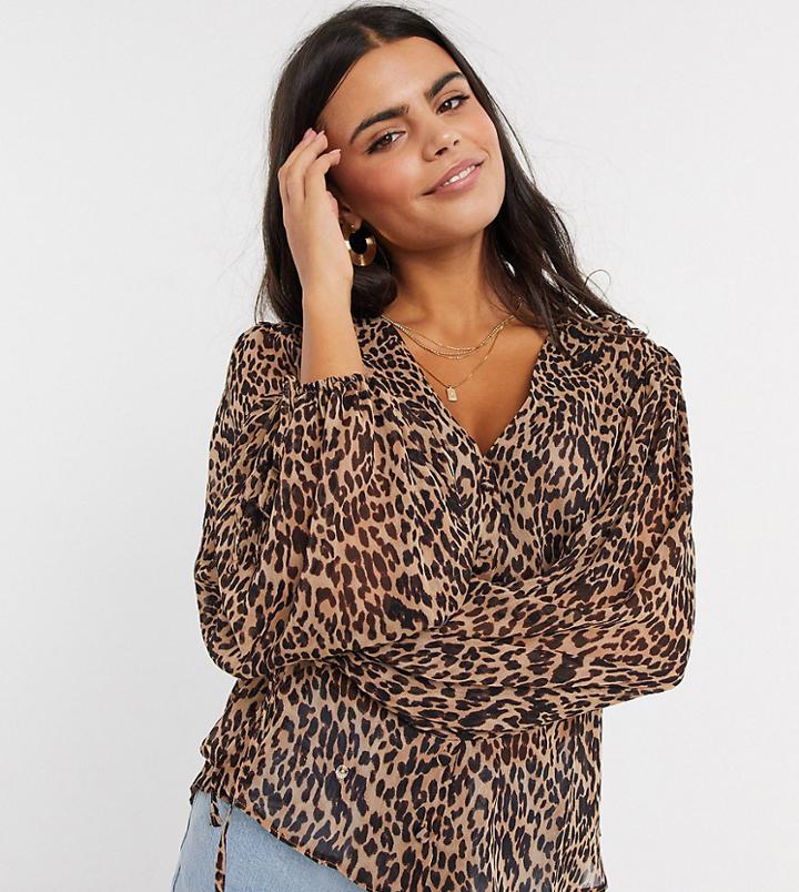 Asos Design Petite Button Up Leopard Print Blouse-multi