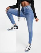 Na-kd Cotton Skinny High Waist Jeans With Raw Hem In Mid Blue - Mblue-blues