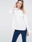 Asos Cold Shoulder Top In Cotton With Tie Cuff Detail - White