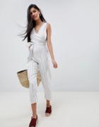 Asos Design Cami Jumpsuit With Tie Waist In Linen Stripe Print-multi