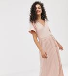 Asos Design Tall Textured V Neck Midi Skater Dress With Pleated Skirt - Pink