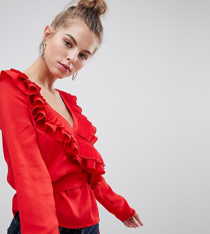 Boohoo Ruffle Detail Tie Side Top - Red