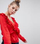Boohoo Ruffle Detail Tie Side Top - Red