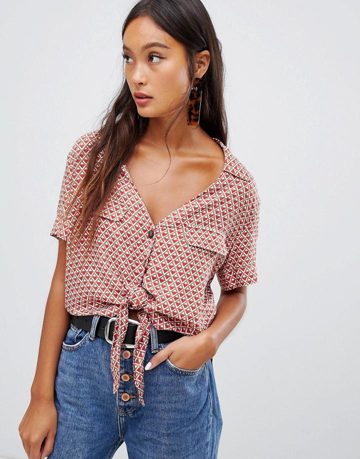 Bershka Geo Print Tie Bottom Blouse - Multi