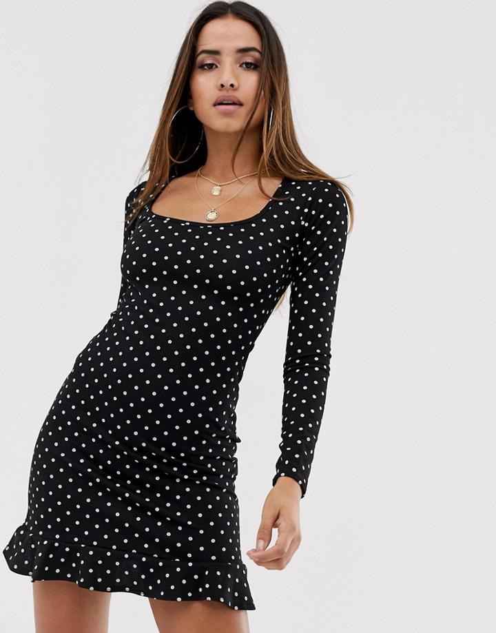 In The Style Polka Dot Frill Hem Long Sleeve Dress-black