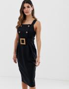 Asos Design Sleeveless Jumper Dress Midi Dress With Wicker Belt - Black