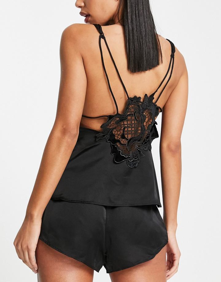 Ann Summers Amaya Satin Cami Short Set With Velvet Floral Applique In Black