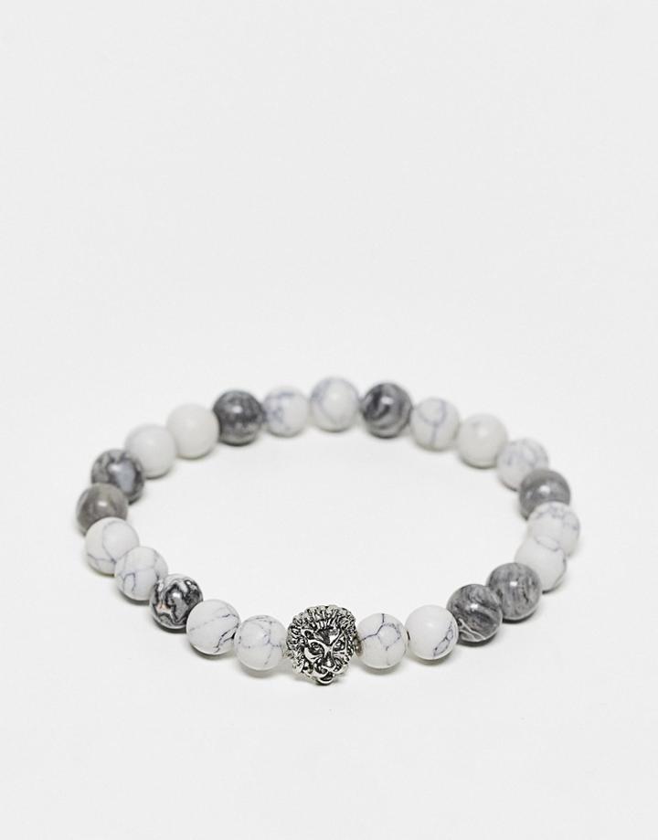 Asos Design Beaded Bracelet In Gray Tone With Lions Head Bead