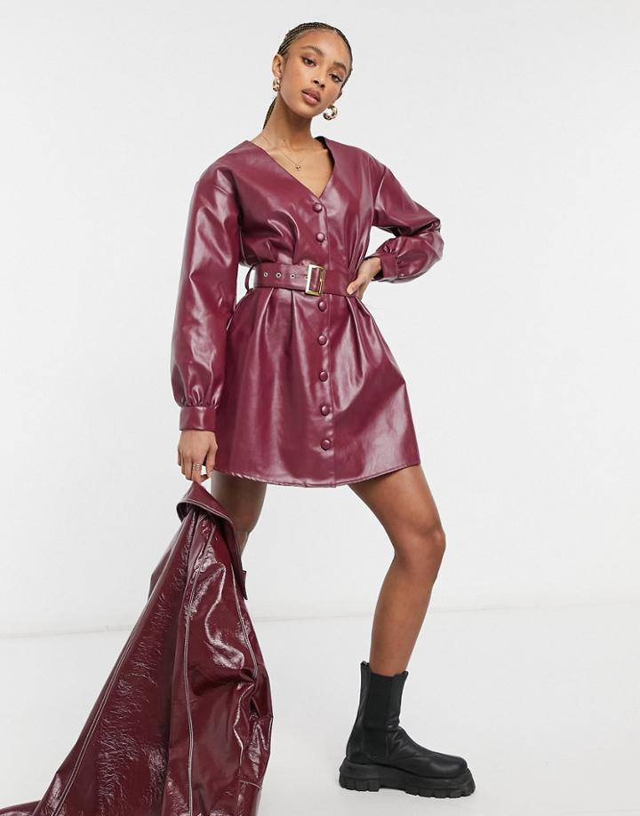 Violet Romance Belted Pu Mini Dress In Burgundy-brown