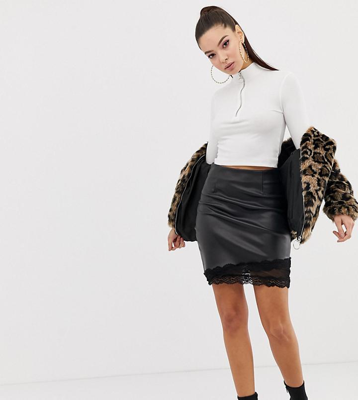 Missguided Leather Look Mini Skirt With Lace Trim In Black - Black