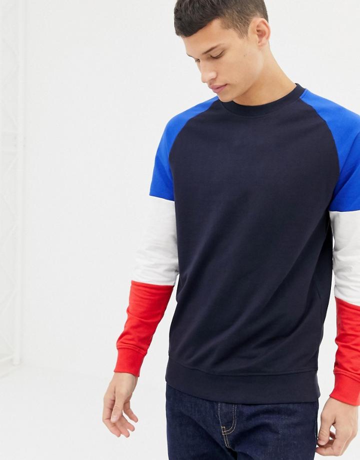 Only & Sons Crew Neck Sweat With Contrast Color Block Sleeves-navy