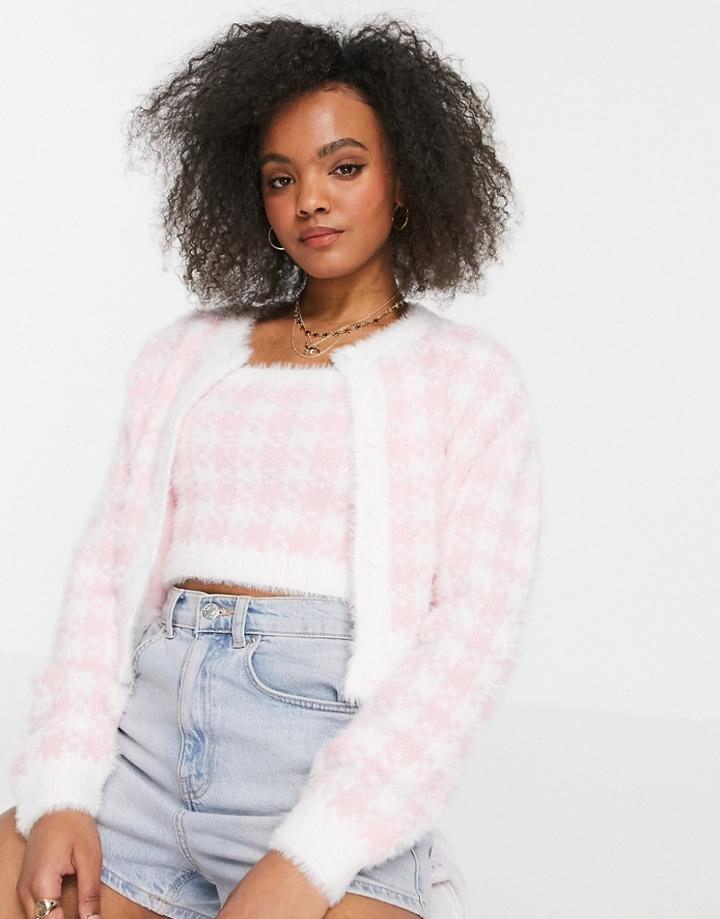Asos Design Coordinating Fluffy Cardigan In Pink Gingham