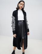 Lost Ink Oversized Belted Cardigan With Contrast Pom Pom Trim Sleeves - Black