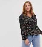 Oasis Curve Button Through Blouse In Ditsy Floral Print - Black