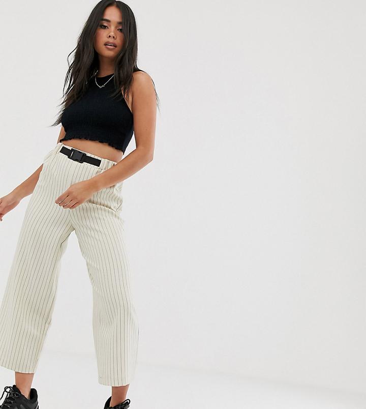Reclaimed Vintage Wide Leg Crop Pants In Pinstripe With Buckle-beige