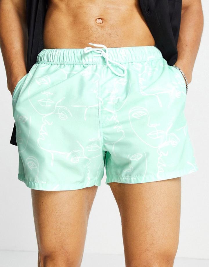 Asos Design Swim Shorts With Face Print In Short Length-green