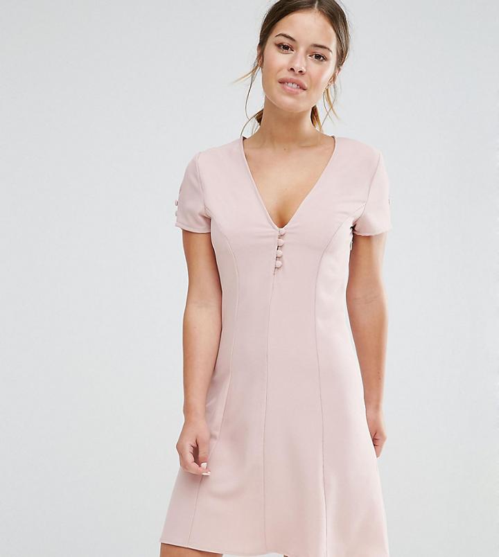 Alter Petite Button Front Short Sleeve Skater Dress - Pink