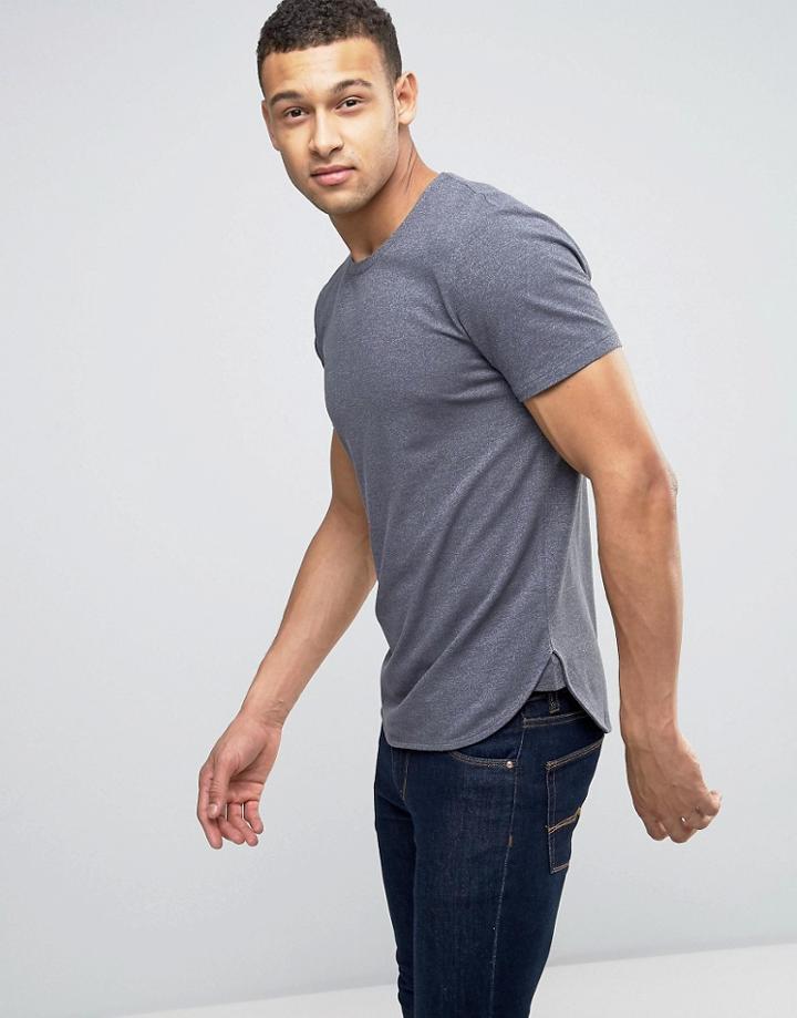 Selected Homme Curved Hem Pique Tee - Navy