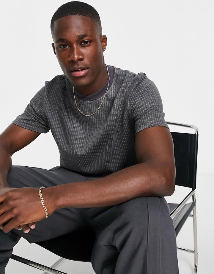 Asos Design T-shirt In Smart Gray Stripe-grey