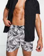 Brave Soul Swim Shorts In Black With Leaf Print