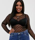 Daisy Street Plus Long Sleeve Top In Polka Dot Mesh - Black