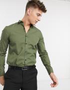 New Look Long Sleeve Poplin Shirt In Khaki-green
