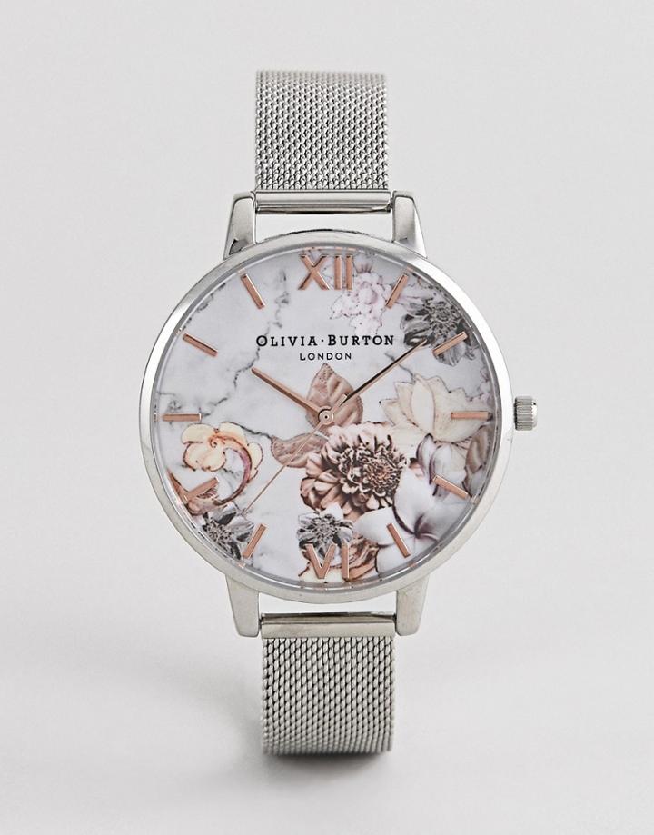 Olivia Burton Ob16cs10 Marble Floral Mesh Watch In Silver & Rose Gold - Silver
