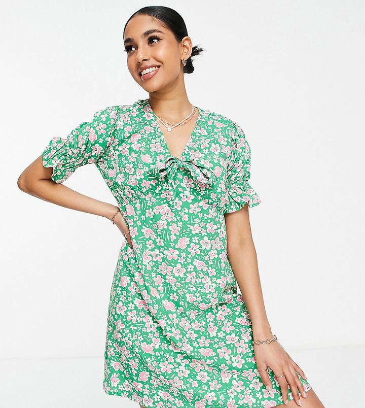 Influence Petite Tie Front Mini Dress In Green Floral Print
